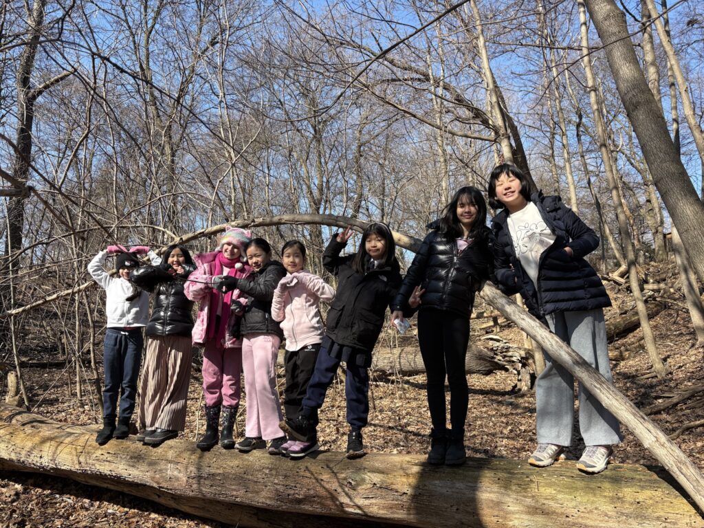A group of female students standing on a log.